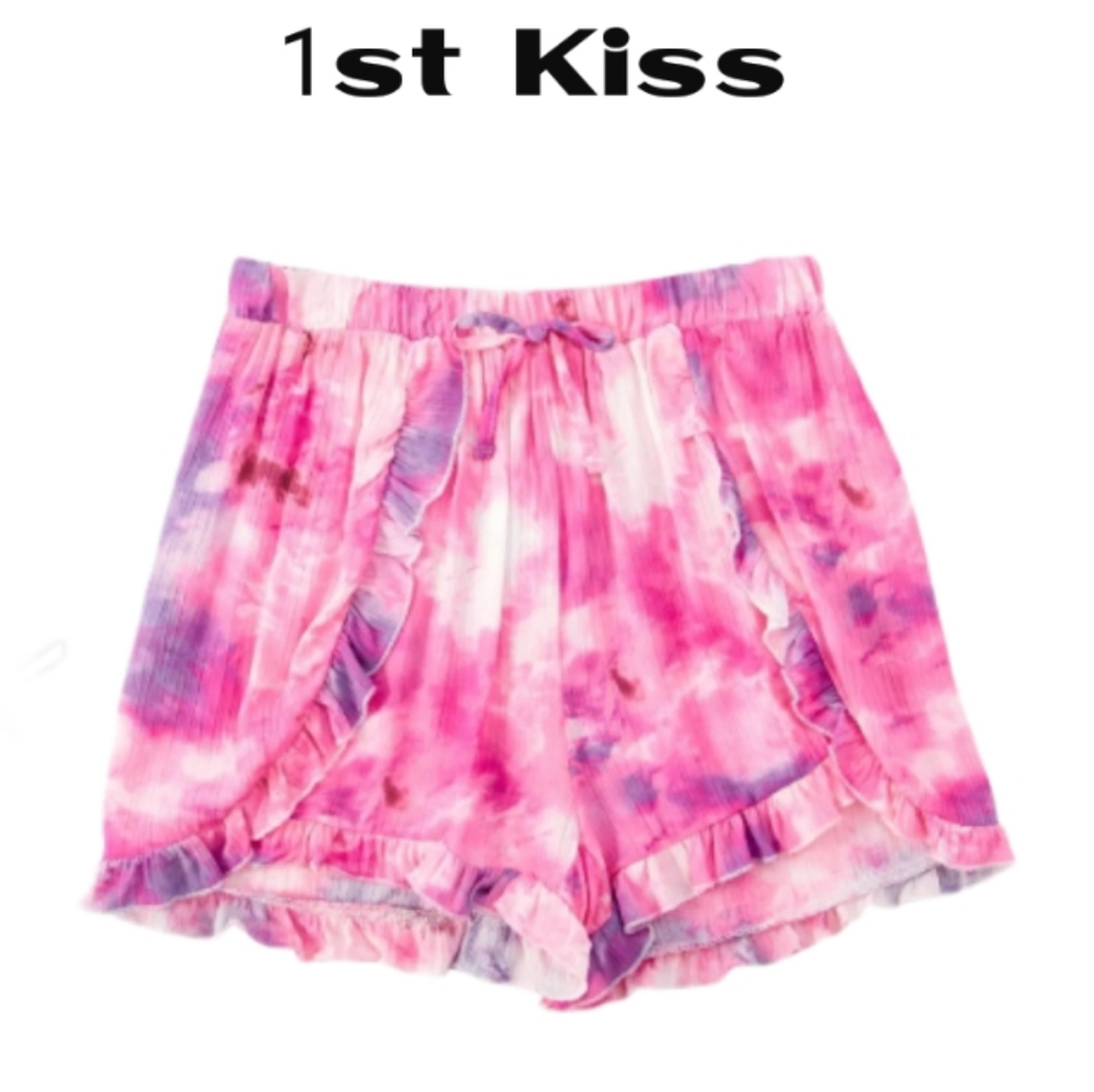 Girls 1st Pink Tie Dye Ruffle Hem Shorts

L 14